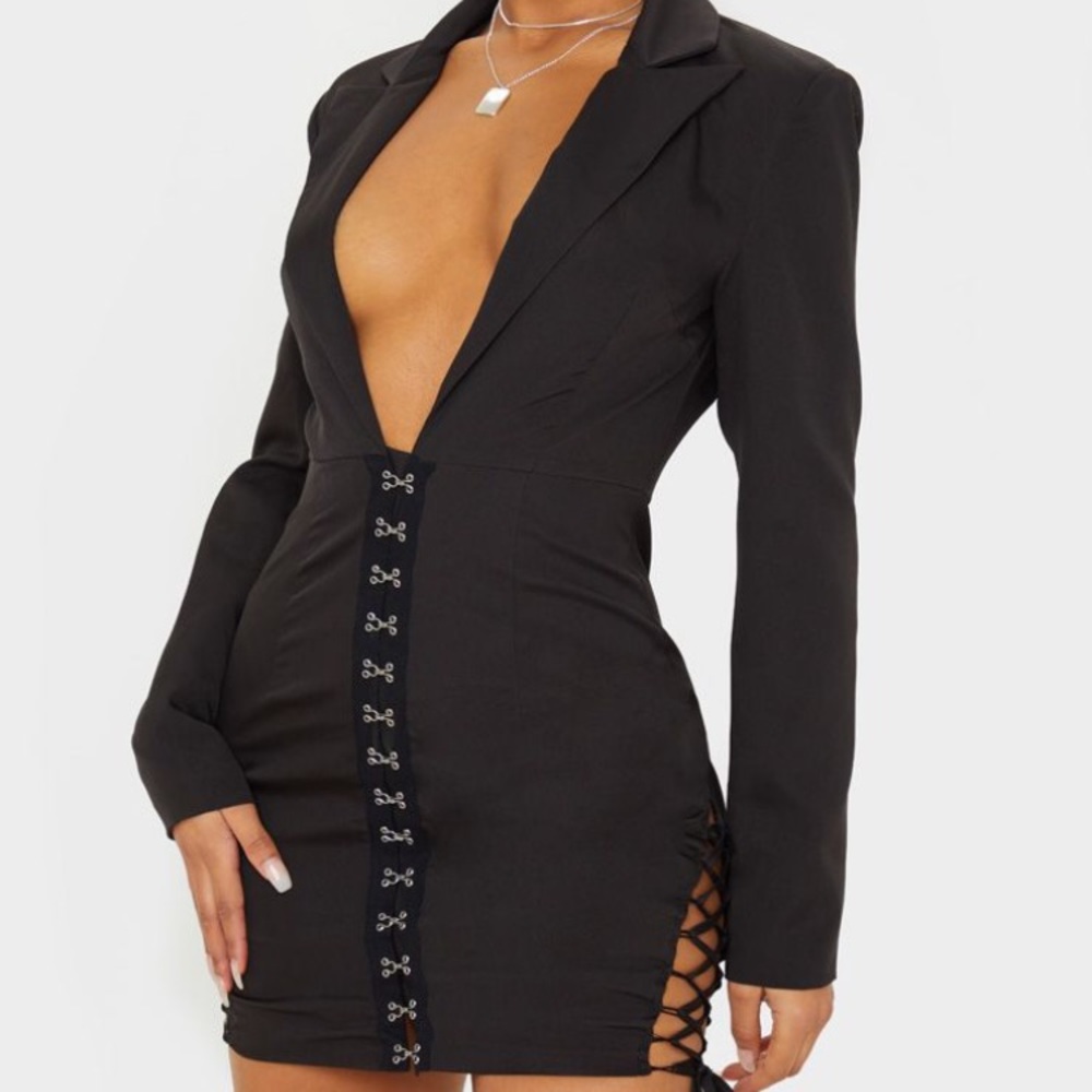 Black Hook Lace Up Detail Long Sleeve Blazer Dress